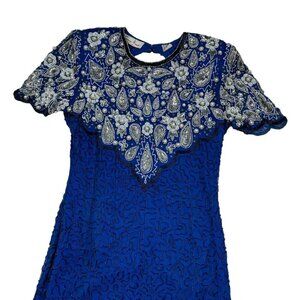 Laurence Kazar New York 100% Silk All-Over Beaded Short Sleeve Dress Women's S